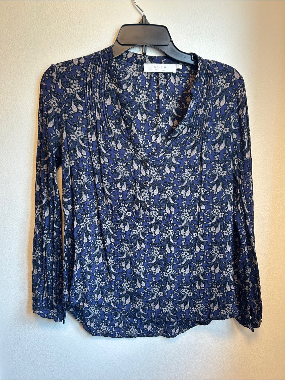 ASTR Navy Blue Floral Cowl Neck Blouse